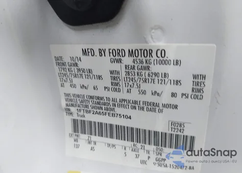 2015 Ford F250 Super Duty from USA, damaged, VIN 1FTBF2A65FEB75104